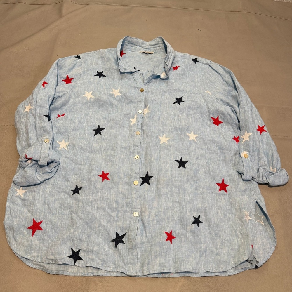 New New John Mark Women 2X Plus Star 100% Pure Linen Button Wired Collar Shirt-